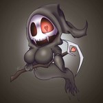1:1 2022 absurd_res big_breasts black_background bone breasts chibi death_(personification) duskull female generation_3_pokemon ghost_tail glowing glowing_eyes heart_eyes heart_symbol hi_res hood humanoid koi_(reapcreates831) looking_at_viewer melee_weapon nintendo not_furry pokemon pokemon_(species) polearm reapcreates831 red_eyes scythe signature simple_background skull skull_head solo undead weapon