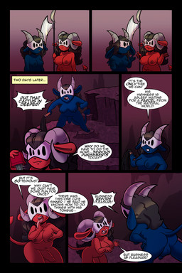 blue_body blue_skin breast_grab breasts cactus cat_o'_nine_tails cunnilingus_gesture dialogue genitals gesture gynomorph hand_on_breast horn intersex penis plant red_body red_skin self_grope shortstack shortstack_gynomorph shortstack_intersex shrug speech_bubble suggestive suggestive_gesture text tongue tongue_out whip axelspike bovid caprine caprine_demon demon goat_demon mammal comic english_text