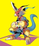 anthro armor blade_fingers blue_body claws crouching cube digitigrade featureless_crotch horn male puzzle red_eyes simple_background solo straps yellow_background skink_hisshiss bandai_namco digimon rubik's_cube digimon_(species) flamedramon hi_res