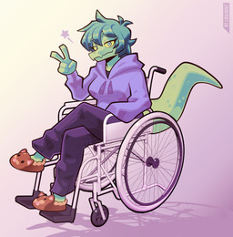 5_fingers abstract_background animal_slippers anthro clothing disability eyelashes female fingers footwear freckles gesture green_body green_hair green_scales grey_eyes hair hand_gesture hoodie long_tail looking_at_viewer paraplegic scales shoes sitting slippers smile snout solo tail text topwear v_sign vehicle wheelchair yellow_sclera loulouvz cavemanon_studios i_wani_hug_that_gator olivia_halford baryonyx dinosaur prehistoric_species reptile scalie spinosaurid theropod 2024 absurd_res artist_name digital_drawing_(artwork) digital_media_(artwork) hi_res watermark