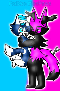 anthro black_body black_fur blue_body blue_fur bluepaws duo ear_tuft fur magenta_fur size_difference stick tuft white_body white_fur nintendo pokemon neeco_neecoola braixen canid canine canis domestic_dog fox generation_6_pokemon mammal pokemon_(species) wolf invalid_tag 2:3