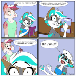 4_panel_comic anthro brown_body brown_fur brown_highlights cheek_tuft clothing dialogue drawing_tablet duo facial_tuft fangs female fur green_body green_fur green_highlights green_pawpads grey_body grey_fur hair half-closed_eyes highlights_(coloring) humor male markings narrowed_eyes open_mouth open_smile pawpads paws pink_body pink_fur pink_highlights pink_pawpads pink_spots shirt smile speech_bubble spots spotted_body spotted_fur spotted_markings tank_top teeth text topwear tuft white_hair wide_eyed zephyriwolf zephyri_q_wolf canid canine canis domestic_dog mammal wolf 1:1 comic english_text hi_res