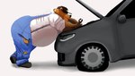 anthro belly bottomwear brown_body brown_fur car clothing fur male mechanic obese obese_male overweight overweight_male pants shirt solo topwear vehicle feedtheboss bear mammal 2021