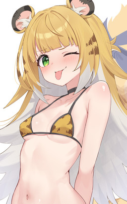 accessory animal_ears bikini blonde_hair bow_ribbon breasts choker clothing female fluffy fluffy_tail furgonomics hair jewelry looking_at_viewer navel necklace orange_hair ribbons small_breasts solo striped_hair swimwear tail tail_accessory tail_bow tail_ribbon two-piece_swimsuit white_hair bitseon mihoyo zenless_zone_zero ju_fufu animal_humanoid felid felid_humanoid humanoid mammal mammal_humanoid pantherine pantherine_humanoid thiren tiger_humanoid hi_res