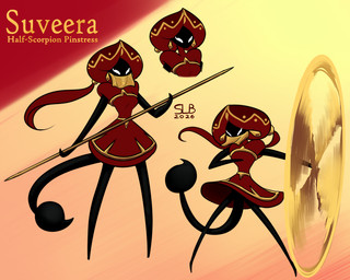 anthro biped black_body clothed clothing empty_eyes eyelashes female holding_melee_weapon holding_object holding_weapon melee_weapon motion_lines name_drop red_clothing solo standing stinger text weapon white_eyes latiar sol-lar-bink hollow_knight_(franchise) team_cherry suveera_(latiar) arachnid arthropod scorpion 2026 5:4 english_text