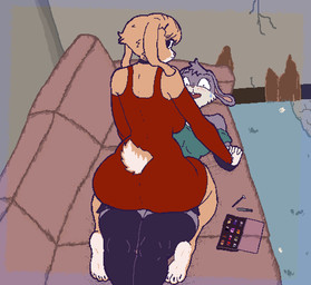 anthro anthro_on_bottom anthro_on_top bodily_fluids breasts butt clothing collar cracked_wall dress duo female female/female female_on_bottom female_on_top furniture green_clothing grey_body hand_holding inside legwear looking_at_viewer makeup_palette on_bottom on_top open_mouth red_clothing red_dress sofa sweat sweatdrop tail tan_body thigh_highs ircluzar violet_bunny lagomorph leporid mammal rabbit