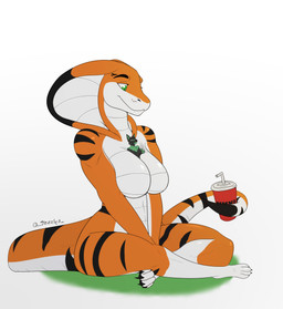 anthro between_breasts black_body black_fur black_markings breasts closed_smile duo extreme_size_difference featureless_breasts female female_anthro fur glistening glistening_eyes green_body green_eyes green_fur leg_markings male male_anthro markings micro mouth_closed non-mammal_breasts nude orange_body pupils simple_background sitting size_difference slit_pupils smile socks_(marking) striped_legs striped_markings striped_shoulders striped_tail stripes tail tail_markings white_body jezzlen canid canine mammal reptile scalie snake absurd_res hi_res signature