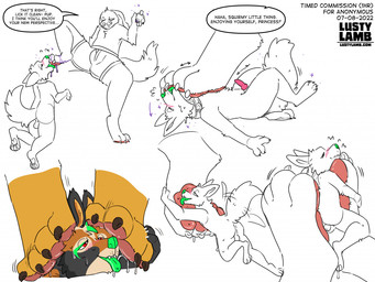 animal_genitalia animal_penis anthro balls brown_body brown_fur collar dialogue duo feet foot_fetish foot_lick foot_on_face foot_play fur genitals green_tongue grey_body grey_fur knot licking magic male male/male micro pawpads paws penile penis potion red_eyes shrinking size_difference size_transformation squish text tongue tongue_out transformation yellow_body yellow_fur conditional_dnp lustylamb canid canine mammal 4:3 english_text url