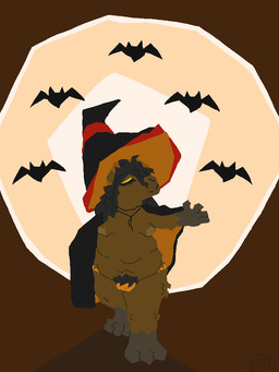 anthro areola belly big_hat breasts brown_body brown_fur bulge cloak clothed clothing eyes_closed fur gynomorph hair holidays intersex long_hair navel orange_clothing overweight overweight_gynomorph overweight_intersex panties pubes scruffy solo topless underwear mopti-cd halloween ambient_bat capybara caviid mammal rodent 3:4 trans_(lore) trans_woman_(lore)