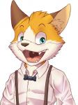 blue_eyes bow_(feature) bow_tie brown_body brown_fur clothing collared_shirt cute_fangs dress_shirt fangs fur male open_mouth orange_body orange_fur shirt suspenders teeth topwear white_body white_fur young sharparadise domestic_cat felid feline felis mammal 3:4 hi_res