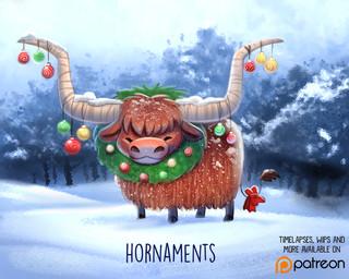 accessory ambiguous_gender bow_(feature) bow_accessory bow_ribbon brown_body brown_fur eyes_closed feral fur furgonomics holidays horn horn_accessory horn_dangle humor line_tail ornament outside plant pun ribbons snow solo tail tail_accessory tail_bow tail_ribbon text thin_tail tree visual_pun winter wreath piper_thibodeau christmas bovid bovine mammal yak 5:4 digital_media_(artwork) digital_painting_(artwork) english_text painting_(artwork)