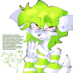 ambiguous_gender anthro fur green_hair hair solo text white_body white_fur faebans nintendo pokemon fan_character generation_4_pokemon legendary_pokemon pokemon_(species) shaymin sky_forme_shaymin 1:1 english_text hi_res tagme