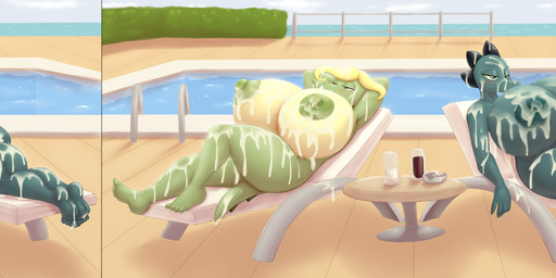 4_toes anthro areola big_breasts blush bodily_fluids breasts butt container cum cum_on_back cum_on_breasts cum_on_butt cum_on_face cum_on_feet cup duo eyes_closed feet female genital_fluids glass huge_breasts humanoid_feet hyper hyper_breasts looking_at_viewer lying nipples non-mammal_breasts non-mammal_nipples on_back on_front outside plantigrade poolside sharp_teeth soles swimming_pool tail teeth toes hyperstorm_h marauder6272 camp_lazlo cartoon_network night_in_the_woods bea_santello gretchen_(camp_lazlo) crocodile crocodilian reptile scalie 2020 absurd_res digital_media_(artwork) hi_res long_image wide_image