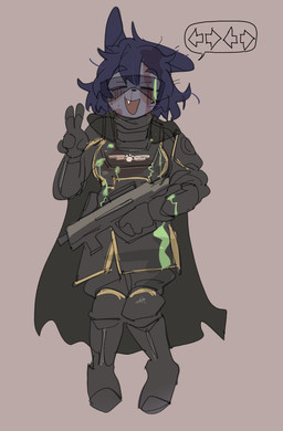 5_fingers anthro armor blue_body blue_ears blue_eyebrows blue_fur blue_hair boots breasts cape clothed clothed_anthro clothed_female clothing cute_fangs directional_arrow eyebrow_through_hair eyebrows eyewear fangs female female_anthro fingers footwear front_view fully_clothed fully_clothed_anthro fully_clothed_female fur gesture goggles gun hair hand_gesture holding_gun holding_object holding_ranged_weapon holding_weapon open_mouth open_smile ranged_weapon shoes simple_background smile smiling_at_viewer solo speech_bubble teeth thick_eyebrows translucent translucent_hair v_sign weapon puppy_in_space helldivers mini_(puppy_in_space) canid canine canis domestic_dog mammal 2024 digital_drawing_(artwork) digital_media_(artwork) full-length_portrait hi_res portrait