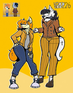 anthro black_body black_fur blep blue_bottomwear blue_clothing blue_eyelids blue_eyes blue_jeans blue_pants bottomwear brown_eyes chest_tuft clothing collar dancing denim denim_bottomwear denim_clothing duo facial_tuft female footwear fur gloves_(marking) hair hand_on_hip hip_sway jacket jeans leaning markings multicolored_body multicolored_fur orange_background orange_body orange_fur orange_hair orange_tail pants pointy_ears purple_hair shirt shoes simple_background sweater tail teeth tongue tongue_out topwear tuft white_body white_fur white_tail wide_hips yellow_body yellow_fur yellow_sclera vividwolfe tomodachi_life tomodachi_life:_living_the_dream jolene_jones kira_mckenzie canid canine canis fox mammal wolf 2026 digital_drawing_(artwork) digital_media_(artwork) hi_res reference_image trans_(lore) trans_woman_(lore)