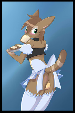 anthro apron backsack balls black_border blush border bread butt clothed clothing crossdressing femboy food genitals legwear looking_at_viewer maid_uniform male smile solo stockings toast uniform white_crest_(artist) spiced_toast felid feline lynx mammal 2:3