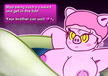 anthro bathtub big_breasts blush breasts clothing dialogue eyelashes female hair headgear headwear looking_at_viewer nipples pig_nose pink_body pose short_hair shower_cap smile swimwear text_box water yellow_eyes naked_dan luigi's_mansion mario_bros nintendo miss_petunia domestic_pig ghost human mammal spirit suid suine sus_(pig) hi_res