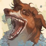 ambiguous_gender anthro blue_flower bodily_fluids brown_body brown_eyes brown_fur brown_hair brown_nose cheek_tuft facial_tuft flower fur glistening glistening_eyes hair mouth_shot narrowed_eyes neck_tuft open_mouth plant red_tongue saliva saliva_string sharp_teeth short_hair simple_background solo teeth tongue tuft white_body white_fur blackscour canid canine canis domestic_dog mammal 1:1 hi_res