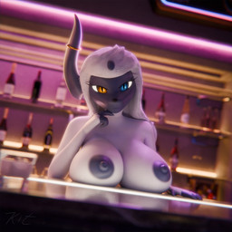 alcohol amber_eyes anthro areola bartender bedroom_eyes beverage big_areola big_breasts big_nipples blue_eyes breast_rest breasts curvy_figure eyelashes female fur furgonomics glowing glowing_eyes grey_areola grey_nipples hair heterochromia horn horn_jewelry huge_areola huge_breasts huge_nipples jewelry looking_at_viewer multicolored_body multicolored_fur narrowed_eyes nipples seductive smile smirk soaked solo thick_eyelashes voluptuous white_hair kit3d kit3d_(modeler) nintendo pokemon absol_bartenders katherine_(r-mk) absol generation_3_pokemon mammal pokemon_(species) 1:1 2025 3d_(artwork) blender_(artwork) digital_media_(artwork) hi_res signature