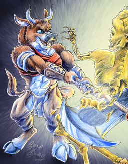 ambiguous_gender anthro axe duo female fighting_pose muscular muscular_female pencil_crayon pose shiashnaky european_mythology greek_mythology mythology animal_humanoid bovid bovid_humanoid bovine bovine_humanoid draugr humanoid mammal mammal_humanoid minotaur hi_res traditional_media_(artwork)