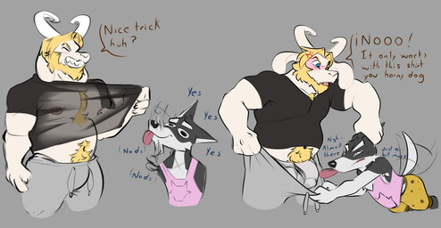 anthro beard blonde_hair bulge clothed clothing dialogue duo facial_hair fur hair horn long_ears male male/male mature_male musclegut muscular muscular_anthro nipples shirt simple_background size_difference tank_top text topwear underwear white_body white_fur charlieleobo see-through_shirt_meme undertale undertale_(series) asgore_dreemurr doggo_(undertale) boss_monster_(undertale) bovid canid canine canis caprine domestic_dog goat mammal english_text hi_res