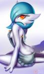 blue_hair breasts butt butt_cleavage clothed clothing female hair kneeling looking_at_viewer looking_back not_furry red_eyes shadow side_boob simple_background solo sweater topwear virgin_killer_sweater rilex_lenov meme_clothing nintendo pokemon linna_(rilex_lenov) gardevoir generation_3_pokemon mammal pokemon_(species) shiny_pokemon 2017 digital_media_(artwork) hi_res meme