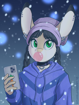 anthro beanie black_hair blue_clothing blue_hoodie blue_topwear braided_hair braided_pigtails bubble_gum cellphone clothing ear_piercing electronics eyebrow_through_hair eyebrows female green_eyes hair hat headgear headwear hoodie phone piercing pigtails purple_beanie purple_clothing purple_hat purple_headwear smartphone snow snowing solo topwear translucent translucent_hair winter brian_mcpherson blueberry_(brian_mcpherson) cottontail_rabbit hare lagomorph leporid mammal rabbit snowshoe_hare 2025 3:4