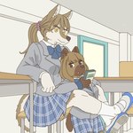 anthro asian_clothing clothed clothing duo east_asian_clothing female hair japanese_clothing japanese_school_uniform kemono ponytail school_uniform uniform ekaki510 bush_dog canid canine canis mammal wolf 1:1