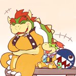 1:1 2020 anthro armband belly beverage_can bib blush bowser bowser_jr. bracelet chain_chomp claws collar drinking drinking_straw eyes_closed father_(lore) father_and_child_(lore) father_and_son_(lore) group hair happy hi_res horn jewelry kemono koopa lates male mario_bros multicolored_body nintendo overweight overweight_male parent_(lore) parent_and_child_(lore) parent_and_son_(lore) red_hair scalie sharp_teeth shell simple_background sitting son_(lore) spiked_armband spiked_bracelet spiked_collar spiked_shell spikes spikes_(anatomy) teeth