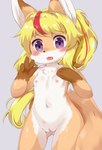 4_fingers anthro areola blonde_hair blush breasts brown_body brown_fur countershading female fingers front_view fur genitals gesture gloves_(marking) hair hand_gesture highlights_(coloring) inner_ear_fluff kemono long_hair looking_at_viewer markings multicolored_body multicolored_fur navel nipples nude open_mouth orange_body orange_fur pink_areola pink_nipples ponytail purple_eyes pussy red_highlights simple_background small_breasts solo standing tuft v_sign white_body white_fur young young_anthro eigetsu canid canine fox mammal 2018 hi_res portrait three-quarter_portrait