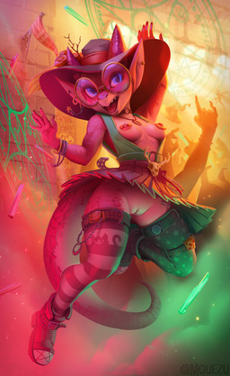 anthro areola biped blue_eyes bottomwear bracelet breasts clitoris clothed clothing curvy_figure dancing ear_piercing eyewear female footwear genitals glasses glowstick happy hat headgear headwear horn hourglass_figure ineffective_clothing jewelry leggings legwear looking_at_viewer magic magic_circle medium_breasts miniskirt mismatched_clothing nipple_piercing nipple_ring nipples no_bra no_underwear open_clothing open_mouth open_shirt open_topwear pattern_clothing pattern_leggings pattern_legwear pentacle_necklace piercing pink_body pink_scales public public_exposure raised_arm rave ring_piercing scales shirt shoes skirt skull_accessory solo striped_clothing striped_leggings striped_legwear stripes teeth tongue topwear vulva mouezu kobold scalie 2021 absurd_res hi_res