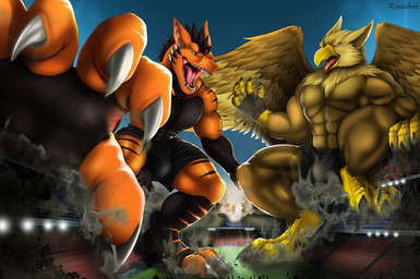 3_toes 4_toes 5_fingers abs anthro beak biceps biped boxer_briefs brown_body building building_destruction bulge claws clothed clothing destruction detailed_background duo extreme_size_difference feathered_wings feathers feet finger_claws fingerless_gloves fingers gloves handwear house macro macro_anthro macro_male male muscular muscular_anthro muscular_male open_mouth outside paws pecs rampage size_difference sky smile stadium stomping tail toe_claws toes topless underwear wings kurtcbrox mythology carpo kurtcbrox_(character) avian dragon gryphon mythological_avian mythological_creature mythological_scalie scalie hi_res