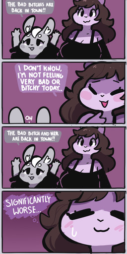 anthro black_clothing black_shirt black_topwear blush blush_stickers brown_hair clothing dialogue duo embarrassed eyelashes female grey_body hair long_eyelashes open_mouth shirt size_difference smile text thought_bubble topwear white_hair eerieviolet callie_(eerieviolet) camryn_(eerieviolet) lagomorph leporid mammal rabbit rodent sciurid tree_squirrel comic digital_media_(artwork) english_text hi_res
