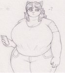 :< anthro big_breasts biped bottomwear breasts cellphone cleavage clothed clothing curvy_figure denim denim_bottomwear denim_clothing electronics eyelashes female front_view hair holding_cellphone holding_object holding_phone holding_smartphone huge_breasts jeans looking_at_viewer overweight overweight_anthro overweight_female pants phone question_mark shirt smartphone solo standing t-shirt thick_thighs topwear voluptuous wide_hips fimif deltarune undertale_(series) catti_(deltarune) domestic_cat felid feline felis mammal 2024 graphite_(artwork) greyscale hi_res monochrome pencil_(artwork) portrait three-quarter_portrait traditional_media_(artwork)