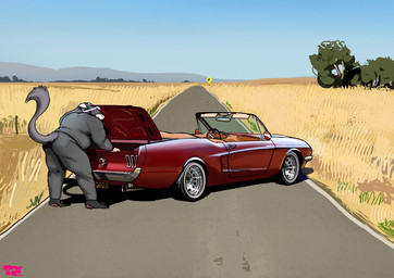 anthro bent_over car clothing looking_down male plant road sign solo suit tail tree vehicle aviesergal sergal hi_res
