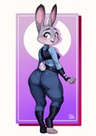 3_toes anthro badge belt big_butt blush bottomwear butt clothing crop_top feet female fur grey_body grey_fur hands_behind_back knee_pads looking_back pants police police_uniform purple_eyes shirt smile solo tail thick_thighs toes topwear uniform gravydood disney zootopia judy_hopps lagomorph leporid mammal rabbit absurd_res hi_res