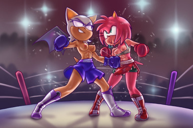 abs anthro areola bat_wings bodily_fluids boots bottomwear boxing boxing_gloves boxing_shorts breasts clothed clothing duo erect_nipples exposed_breasts female female/female fighting_ring footwear handwear membrane_(anatomy) membranous_wings nipples punch shoes shorts smile smirk sport sweat topless wings aoncyth sega sonic_the_hedgehog_(series) amy_rose rouge_the_bat bat eulipotyphlan hedgehog mammal 2021 hi_res