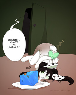 anthro bound diaper feces female full_diaper soiled_diaper solo stink_fumes text unclean_diaper used_diaper merunyaa lagomorph leporid mammal rabbit english_text