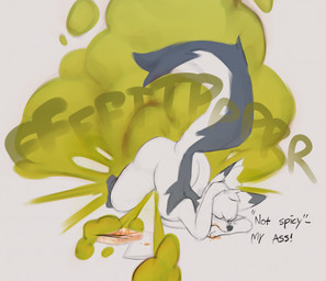 all_fours anthro ass_up biped black_text bodily_fluids dialogue eyes_closed fart fart_cloud fart_fetish female female_anthro fluffy fluffy_tail food fur green_fart_cloud green_text hyper hyper_fart inner_ear_fluff nude nude_anthro nude_female onomatopoeia pointy_ears prick_ears snout solo sound_effects tail tears text tuft lichee pepper_(lichee) canid canine fox hybrid mammal mephitid skunk 2023 english_text handwritten_text hi_res