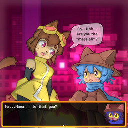 ambiguous_gender anthro brown_body brown_hair clothed clothed_anthro clothing curvy_figure dialogue duo eyewear eyewear_on_head female fur goggles hair hat headgear headwear looking_at_another open_mouth scarf speech_bubble tail tan_body tan_fur tan_skin text whiskers young lonelywolfyboi gameoverse glitch_productions oneshot kit_bodega niko_(oneshot) animal_humanoid domestic_cat felid felid_humanoid feline feline_humanoid felis humanoid mammal mammal_humanoid 1:1 absurd_res crossover english_text hi_res