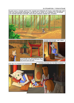 anthro backpack bed candle clothed clothing dialogue duo female forest furniture green_eyes male male/female plant tail text tree friskykitsune canid canine fox mammal comic english_text hi_res