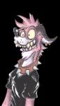 2019 alpha_channel anthro clothed clothing collar fangs front_view frown fur hair hi_res hyena jewelry krolik male mammal multicolored_body multicolored_fur piercing pink_body pink_fur pose sharp_teeth signature solo spiked_collar spikes teeth traditional_media_(artwork) two_tone_body two_tone_fur