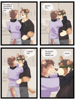 anthro bandage bandage_on_face bandage_over_eyes clothed clothing dialogue duo freckles grabbing_waist kiss_on_nose kissing kissing_cheek male male/male party_game playing_game pouting purple_clothing purple_shirt purple_topwear romantic romantic_couple shirt smile tail text topwear flokyss 3:4 comic english_text hi_res shaded soft_shading