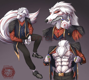 anthro black_claws black_nose chest_fur chest_markings chest_tuft claws clothing elegant eyes_closed eyeshadow fur gem gold_(metal) grey_background jewelry makeup male markings muscular muscular_anthro muscular_male nipples red_clothing red_shirt red_topwear serious serious_face shirt shoulder_pads simple_background solo striped_body striped_fur striped_markings striped_tail stripes suit tail tail_markings teeth teeth_showing topwear tuft white_body white_fur ottobum canid canine canis domestic_dog mammal absurd_res hi_res