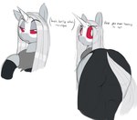 2024 big_butt butt clothed clothed_feral clothing dialogue english_text equid equine eyebrows eyelashes fan_character female feral grey_body grey_hair hair half-closed_eyes hasbro hi_res hooves horn looking_at_viewer looking_back lorelei_(ebonyglow) mammal multicolored_body my_little_pony mythological_creature mythological_equine mythology narrowed_eyes quadruped rear_view red_sclera simple_background solo tail talking_feral text two_tone_body unicorn welost white_background white_body white_eyes