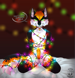 animal_genitalia anthro bdsm black_body black_fur blurred_background bondage bound christmas_decorations christmas_lights collar erection fire fur genitals glowing green_eyes inner_ear_fluff lights looking_at_viewer male orange_body orange_fur orange_penis penis sheath solo spiked_penis spikes spikes_(anatomy) string_light_bondage string_lights text tuft white_body white_fur stupidsandcat yuhi_solar_(raishin) aardwolf hyena mammal absurd_res english_text hi_res watermark