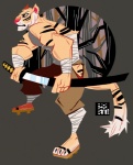 3_toes anthro bandage barefoot biped claws clothed clothed_anthro clothed_male clothing feet flip_flops footwear fur holding_melee_weapon holding_object holding_sword holding_weapon katana male male_anthro melee_weapon orange_eyes paws samurai sandals shoes solo stripes sword tail text toe_claws toes warrior weapon hodori felid mammal pantherine tiger 2010 artist_name dated full-length_portrait portrait unavailable_at_source