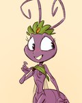 antennae_(anatomy) anthro arthropod_abdomen big_eyes blue_eyes blush breasts clothed clothing clothing_lift crown embarrassed female headgear insect_wings leaf leaf_clothing looking_back nipples purple_body purple_nipples shirt shirt_lift simple_background small_breasts smile smirk solo standing topwear wings fluttershythekind a_bug's_life disney pixar princess_atta ant arthropod hymenopteran insect 4:5