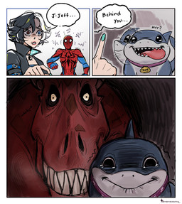 blue_body blue_skin bodily_fluids clothed clothing crying dialogue female feral humor male nightmare_fuel red_body red_skin scared scary tears teeth text marvel marvel_rivals moon_girl_and_devil_dinosaur spider-man_(series) devil_dinosaur_(moon_girl_and_devil_dinosaur) jeff_the_land_shark luna_snow spider-man_(character) aquatic arachnid arthropod dinosaur fish prehistoric_species reptile scalie shark spider comic english_text hi_res meme