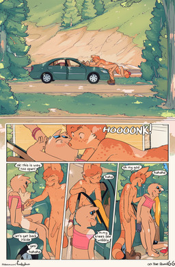 balls blush bottomless bottomless_male car clothed clothing dialogue eyes_closed eyewear flaccid footwear footwear_only genitals male male/male mostly_nude nipples penis pink_clothing public shoes shoes_only smile sunglasses tail text vehicle conditional_dnp funkybun finn_(funkybun) nick_(funkybun) felid feline lizard mammal reptile scalie serval comic english_text hi_res